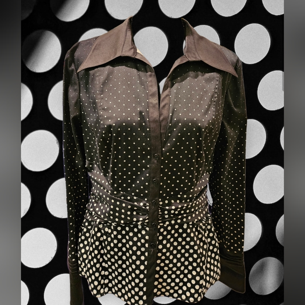 Vintage Kay Unger Black & White Polka Dot Cotton Blouse Size 14